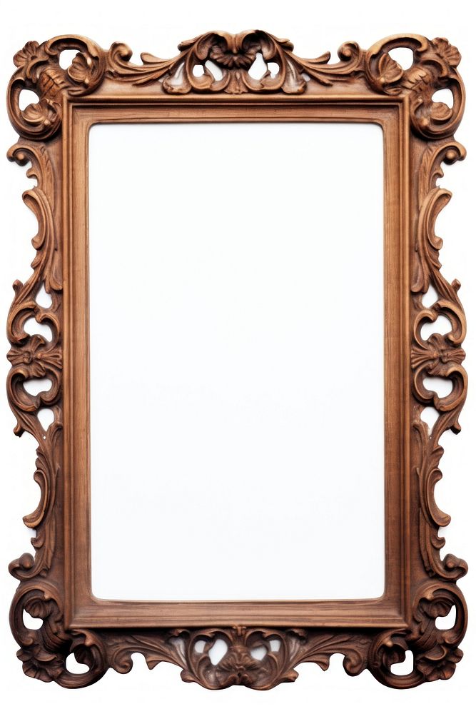 Brown wood frame rectangle mirror white background.