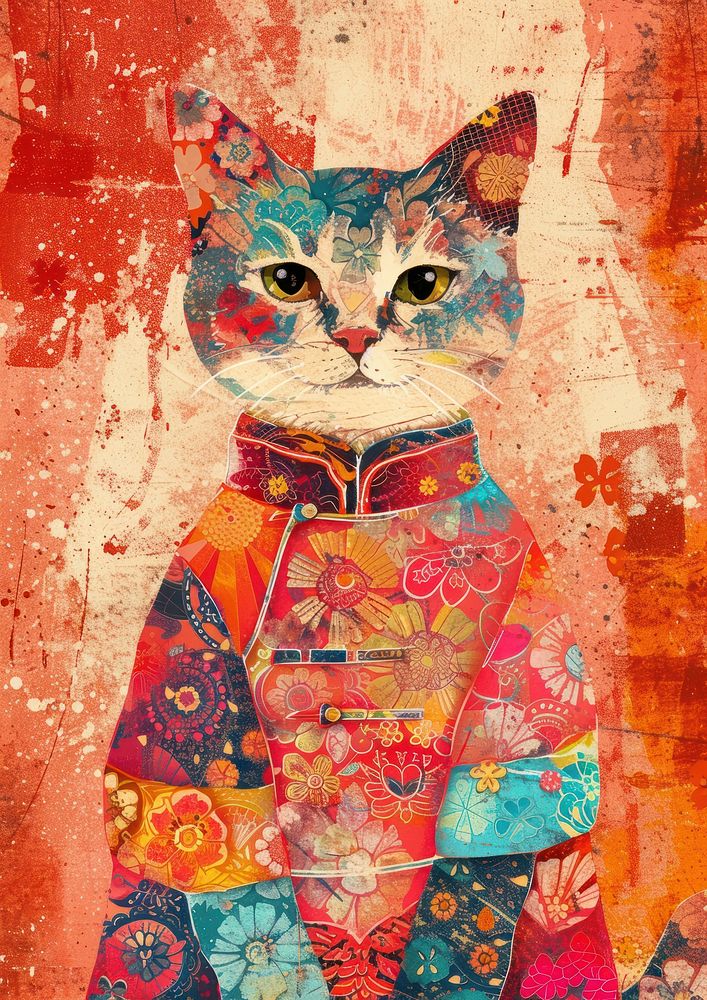 Happy cat celebrating Chinese New Year wearing Cheongsam dress art painting drawing.