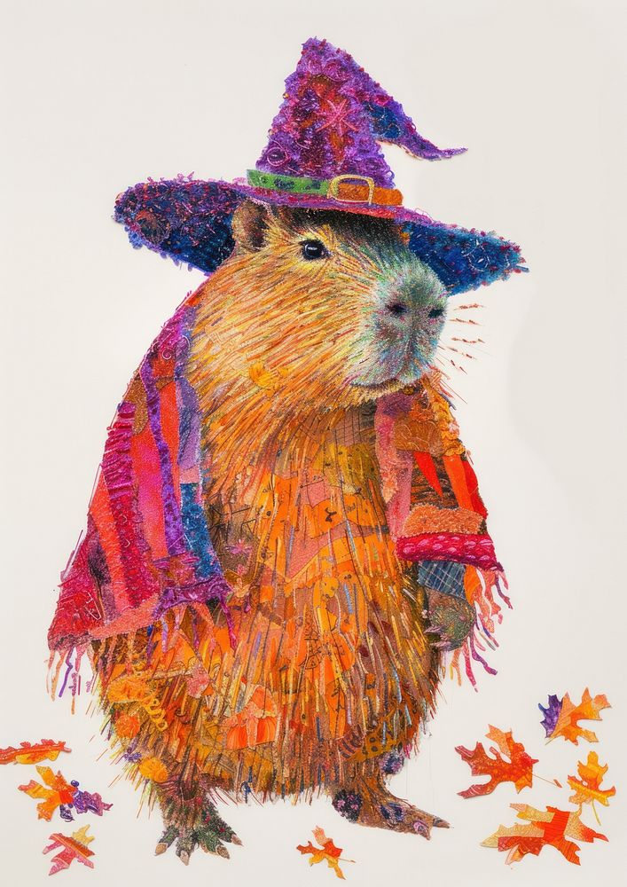 Happy capybara celebrating Holloween wearing wizard hat drawing mammal animal.