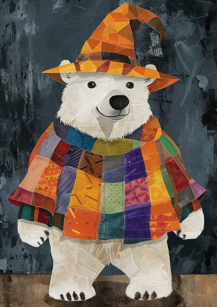 Happy polar bear celebrating Holloween wearing wizard hat art painting drawing.