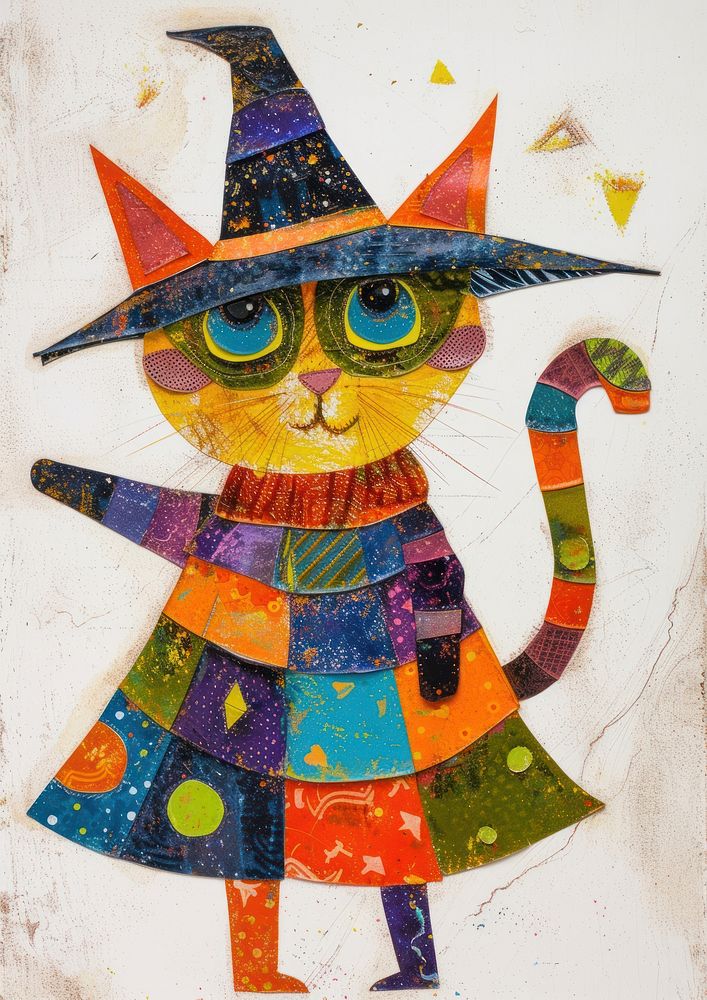Happy cat celebrating Holloween wearing wizard hat art painting drawing.