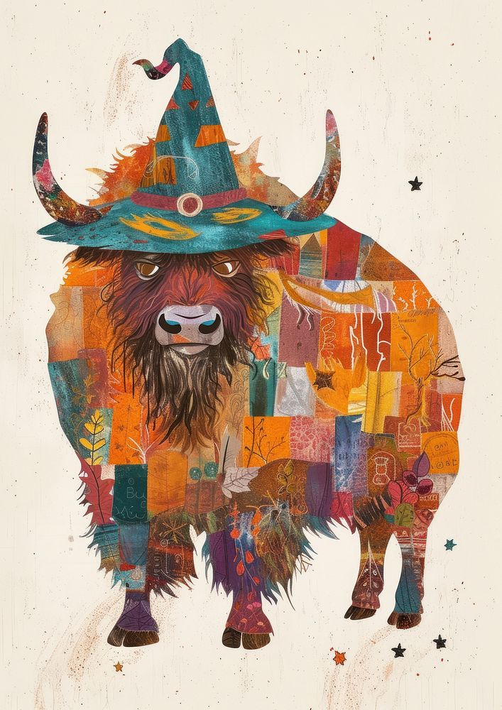 Happy Bison celebrating Holloween wearing wizard hat art livestock painting.