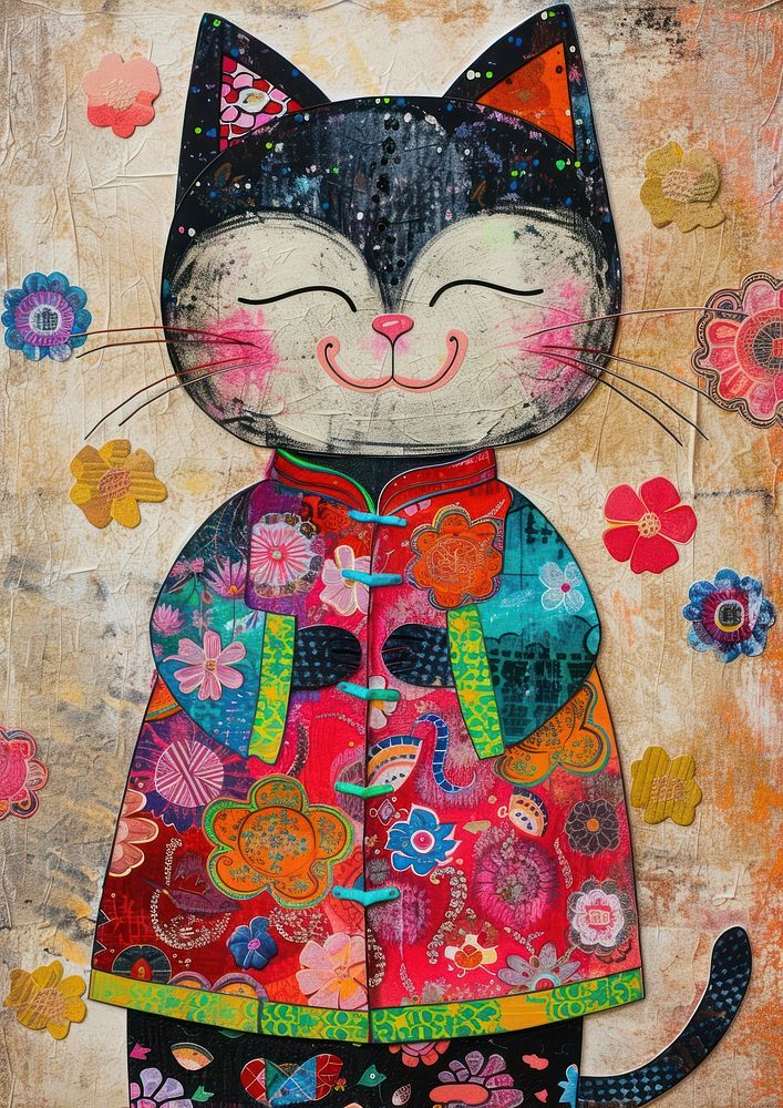 Happy cat celebrating Chinese New Year wearing Cheongsam dress art painting pattern.