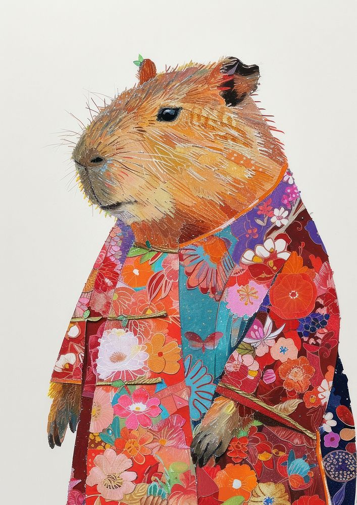 Happy capybara celebrating Chinese New Year wearing Cheongsam dress drawing mammal rodent.
