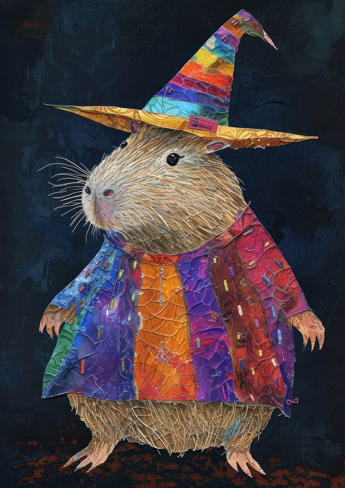 Happy capybara celebrating Holloween wearing wizard hat art drawing rodent.