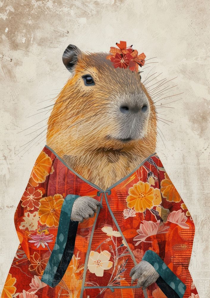 Happy capybara celebrating Chinese New Year wearing Cheongsam dress mammal animal rodent.