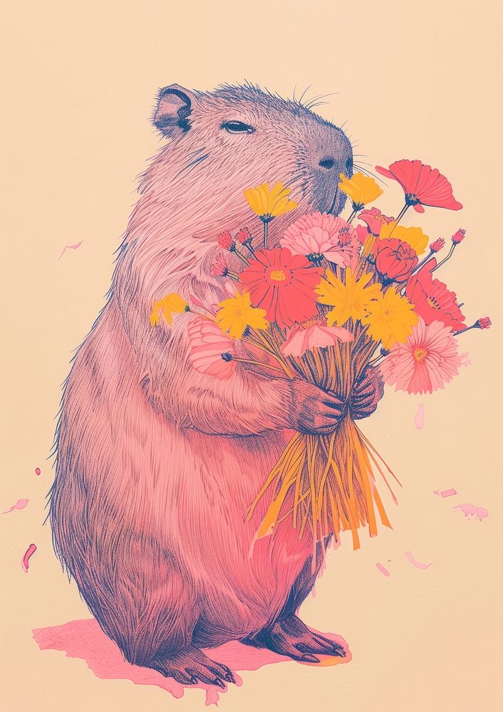 A capybara holding a bunch of flowers sitting colorful clothes animal rodent mammal.