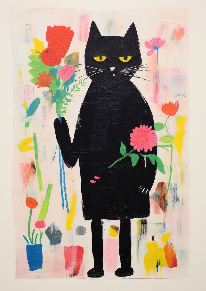 A black cat holding a bunch of flowers sitting colorful clothes painting mammal animal.