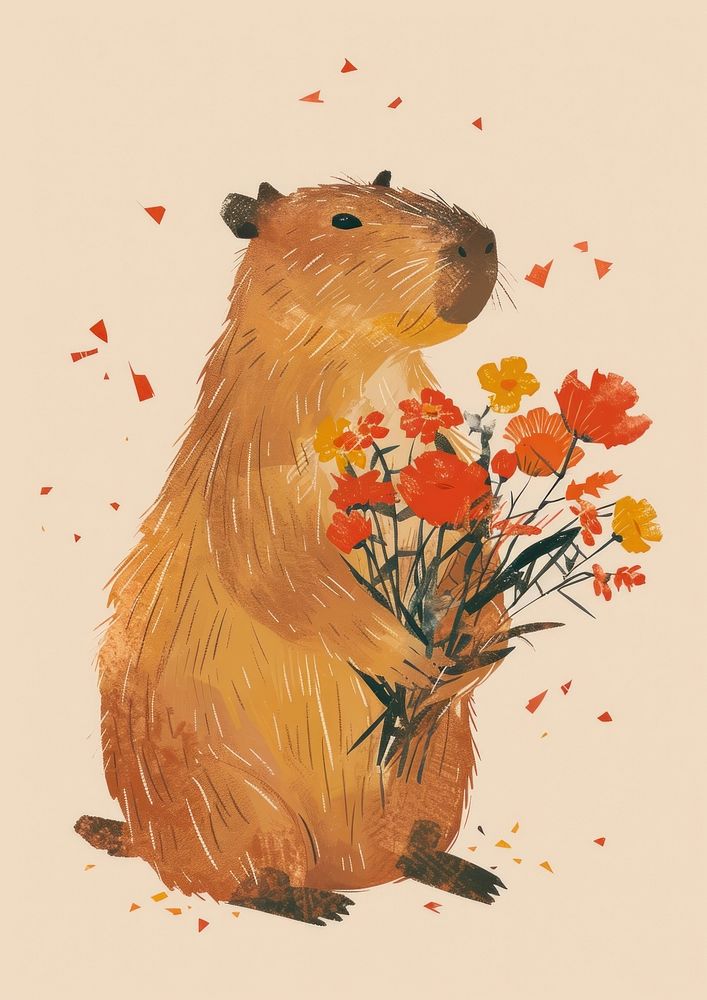 A capybara holding a bunch of flowers sitting colorful clothes rodent animal mammal.