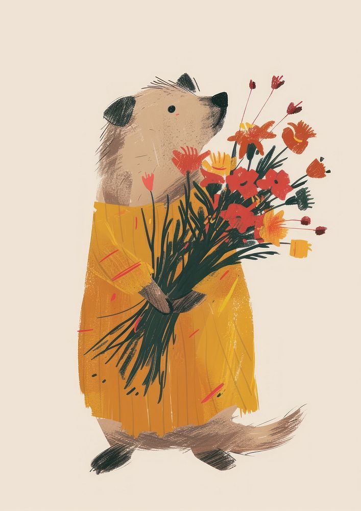 A dog holding a bunch of flowers sitting colorful clothes painting mammal animal.