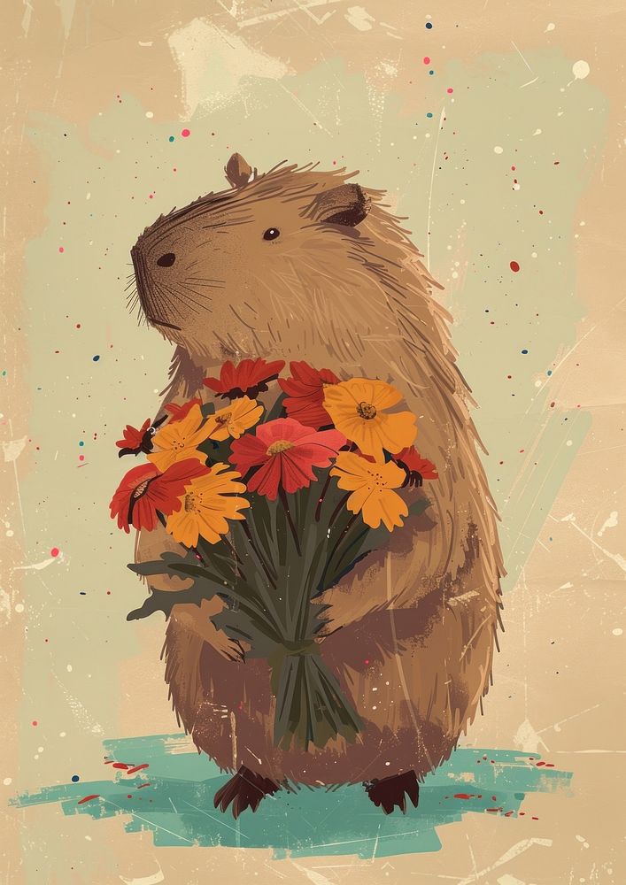 A capybara holding a bunch of flowers sitting colorful clothes rodent mammal animal.