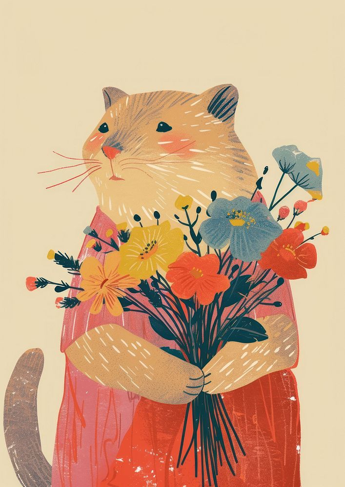A cat holding a bunch of flowers sitting colorful clothes painting mammal animal.