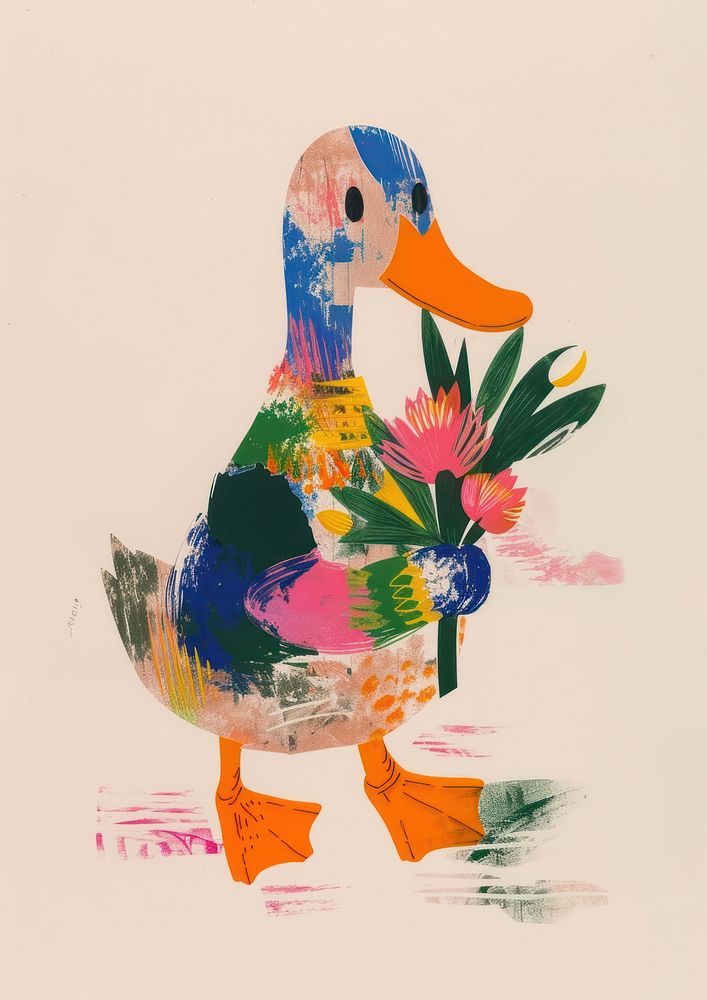 A duck holding a bunch of flowers sitting colorful clothes animal bird art.