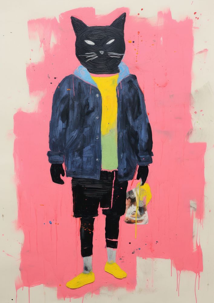 A black cat holding a bunch of flowers sitting colorful clothes painting mammal art.