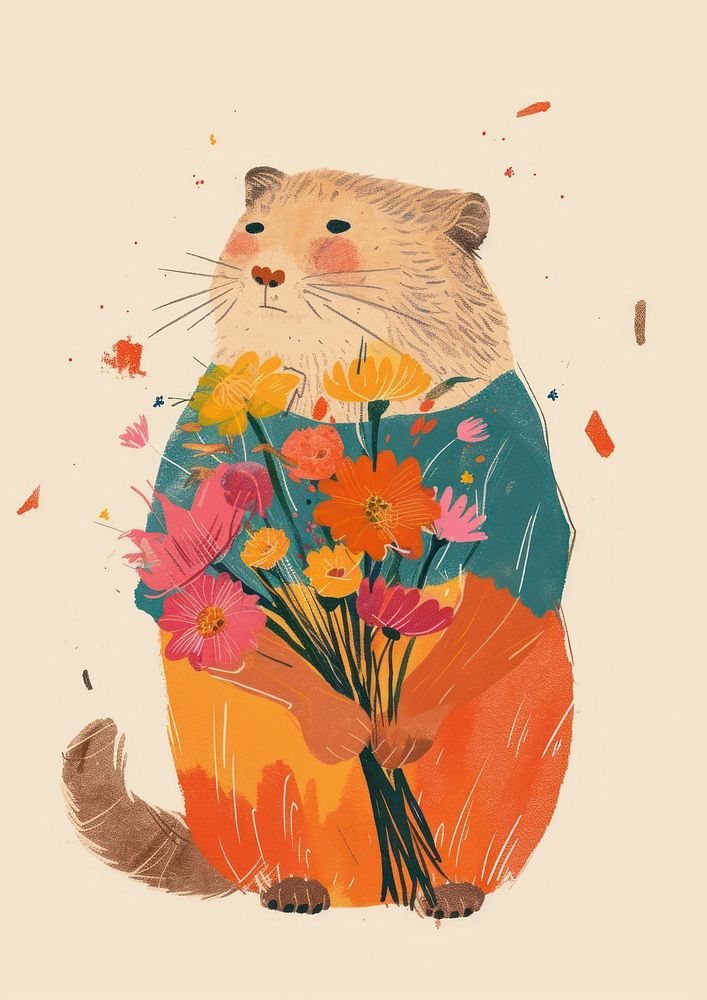 A cat holding a bunch of flowers sitting colorful clothes painting drawing animal.