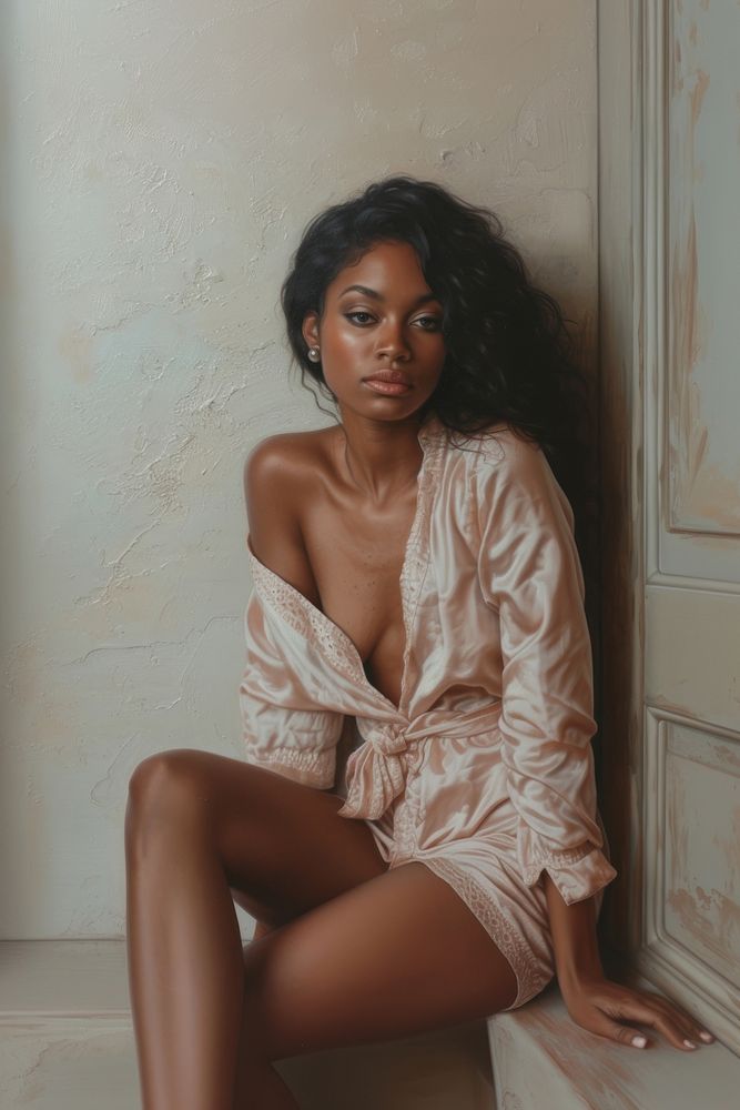 A black woman in a modeling pose elegance portrait sitting.