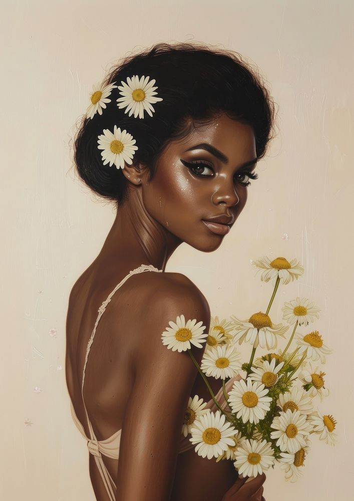 Black woman portrait flower plant.