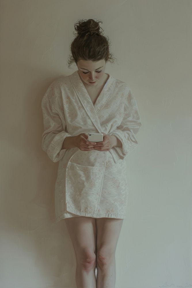 A woman wearing a bathrobe fashion dress phone.