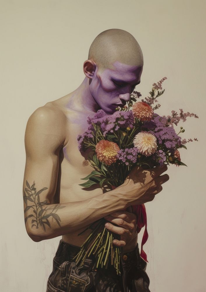A model skinhead man flower portrait painting.