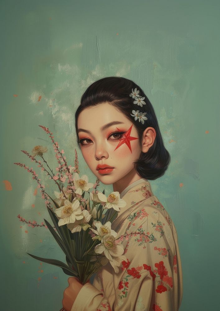 Model Asian woman painting flower portrait.