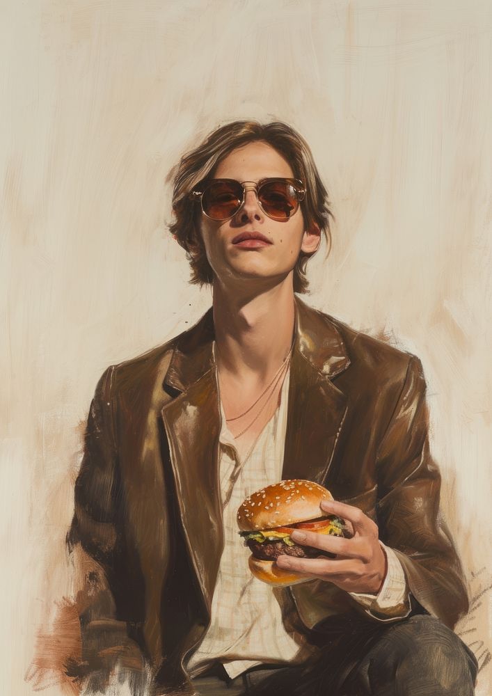 Man painting sunglasses hamburger.