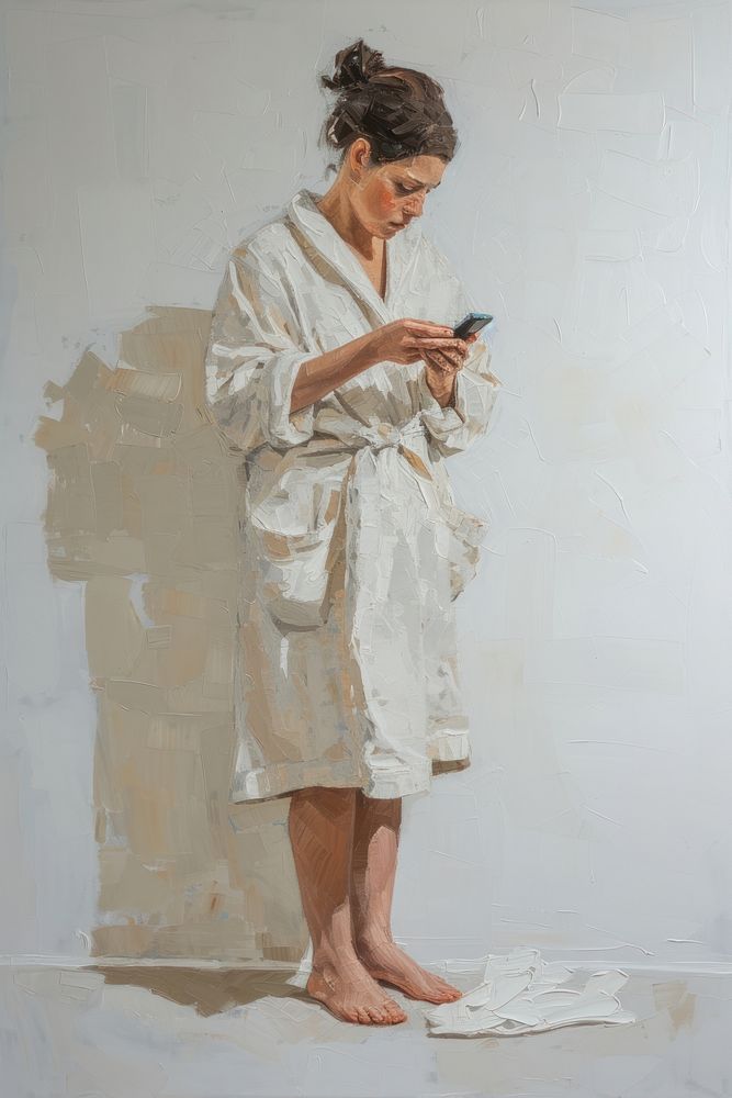A woman wearing a bathrobe painting holding art.