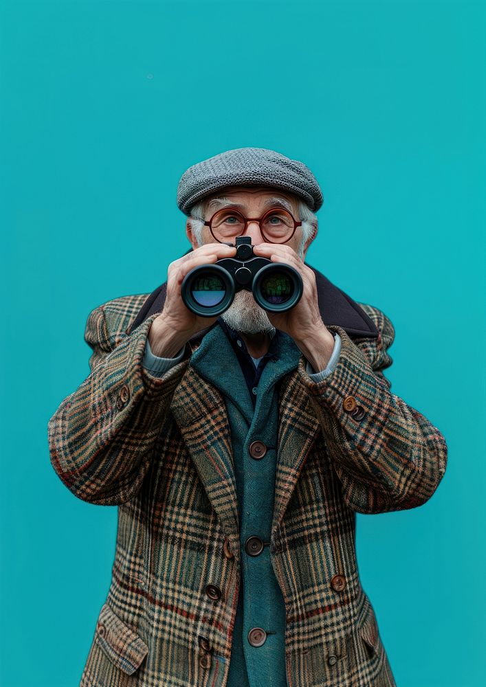 Old man using binoculars portrait photo coat.
