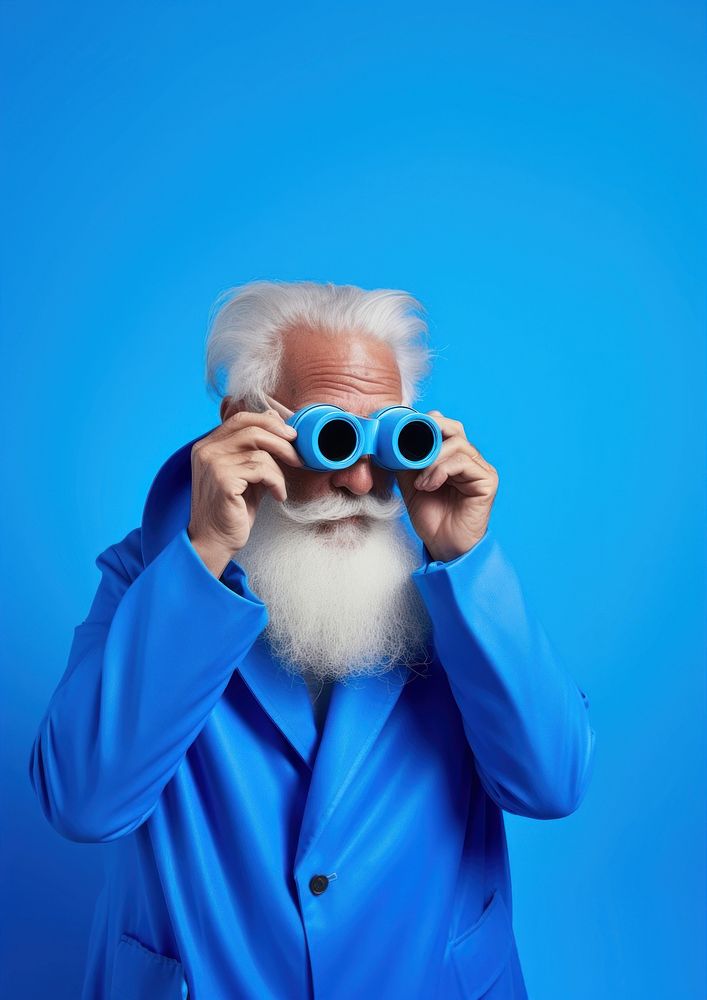 Old man using binoculars adult photo blue.
