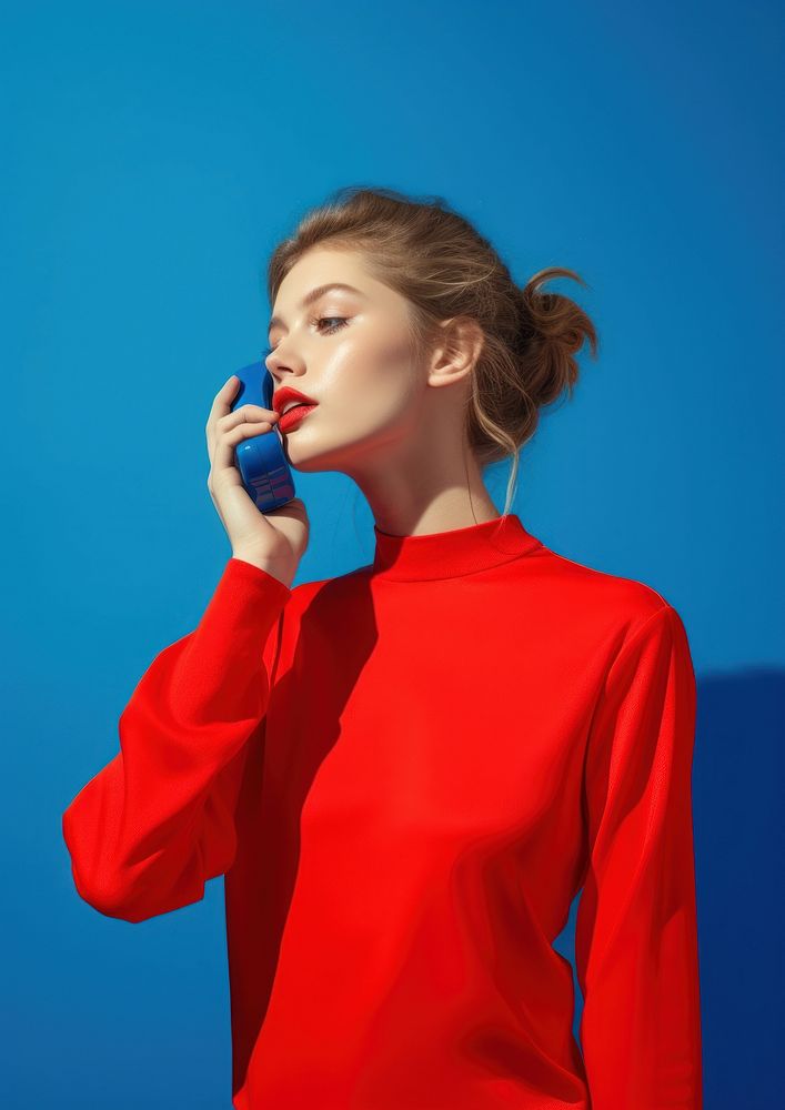 Woman calling with retro cellphone lipstick portrait adult.