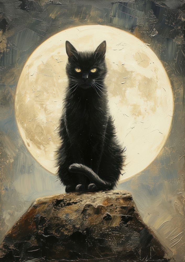 A black cat standing on a bright moon painting mammal animal.