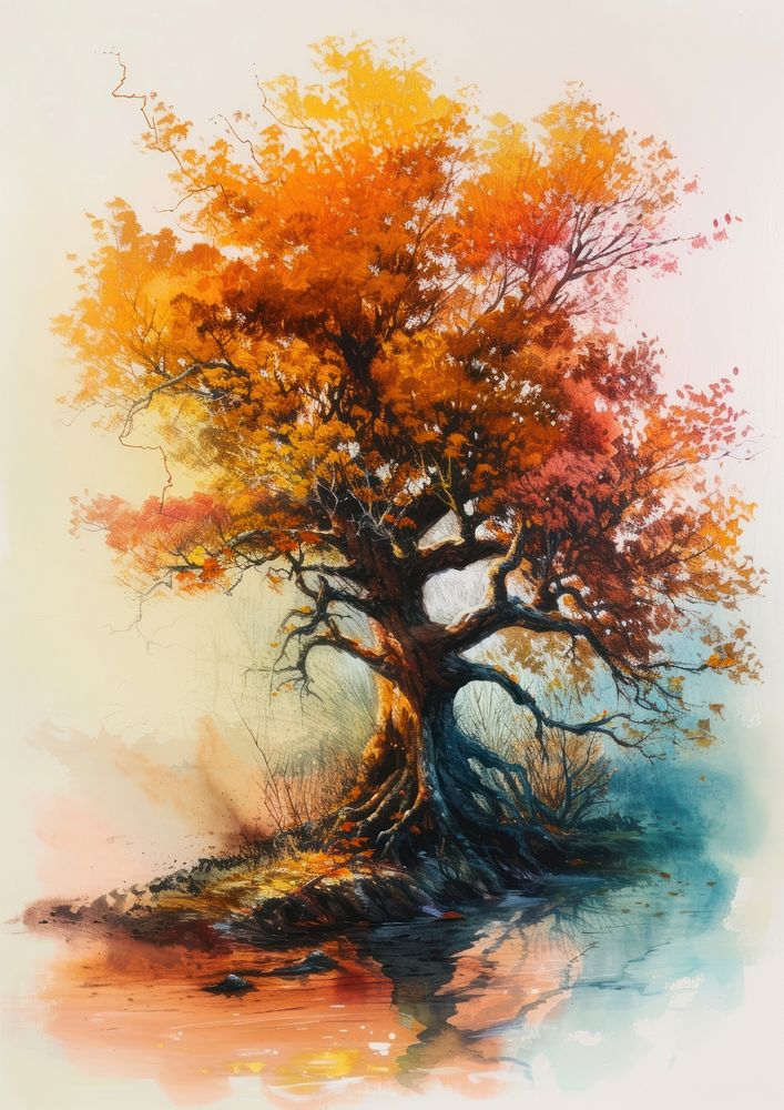 An Elderly Withered Oak Tree in Autumn Engulfed in Flames painting tree nature.