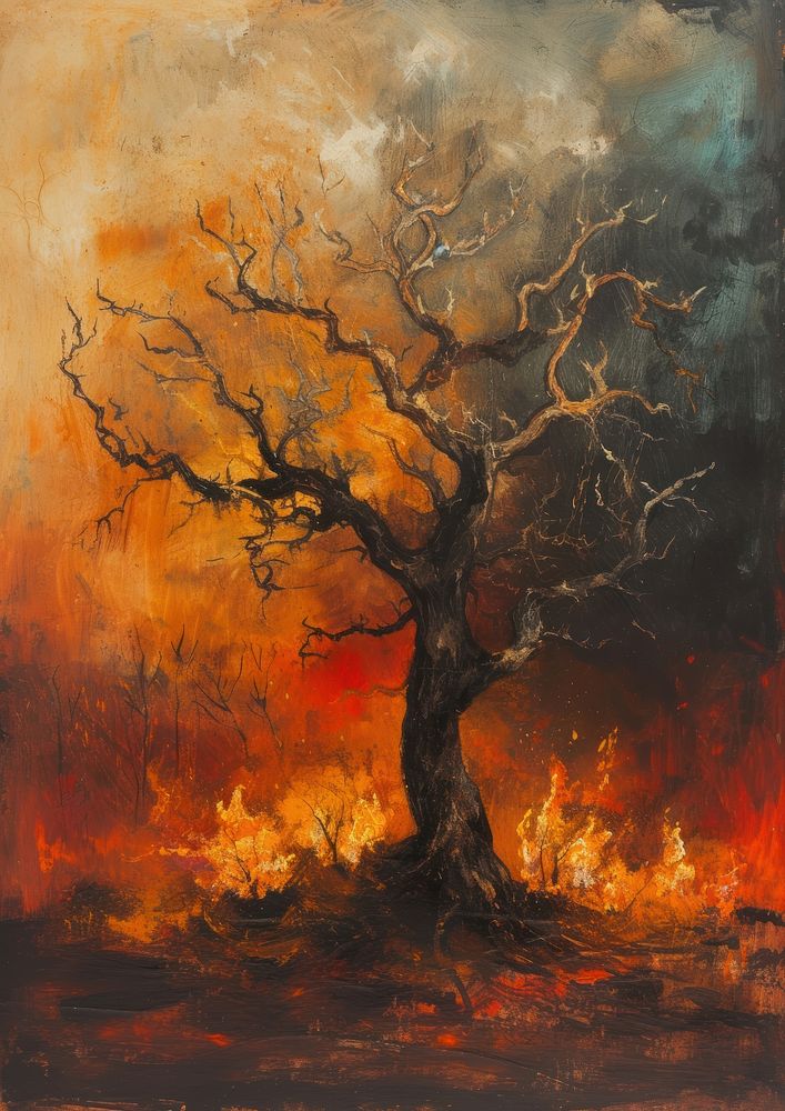 An Elderly Withered Oak Tree in Autumn Engulfed in Flames painting tree autumn.