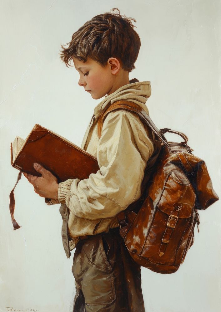 A Student Kid Reading a Book with a Brown Leather Bag painting backpack portrait.
