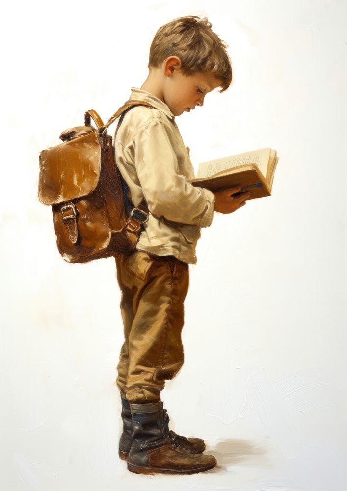 A Student Kid Reading a Book with a Brown Leather Bag reading child backpack.