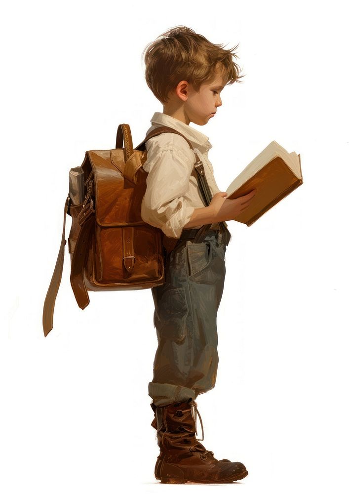 A Student Kid Reading a Book with a Brown Leather Bag reading child bag.