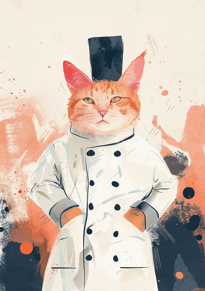 Chef cat in person character painting animal mammal.