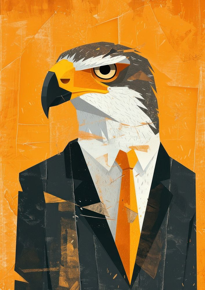 Cute Hawk wear business suit art painting animal.