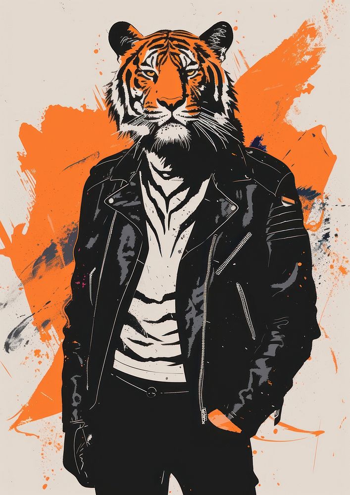 A tiger in person character jacket animal mammal.