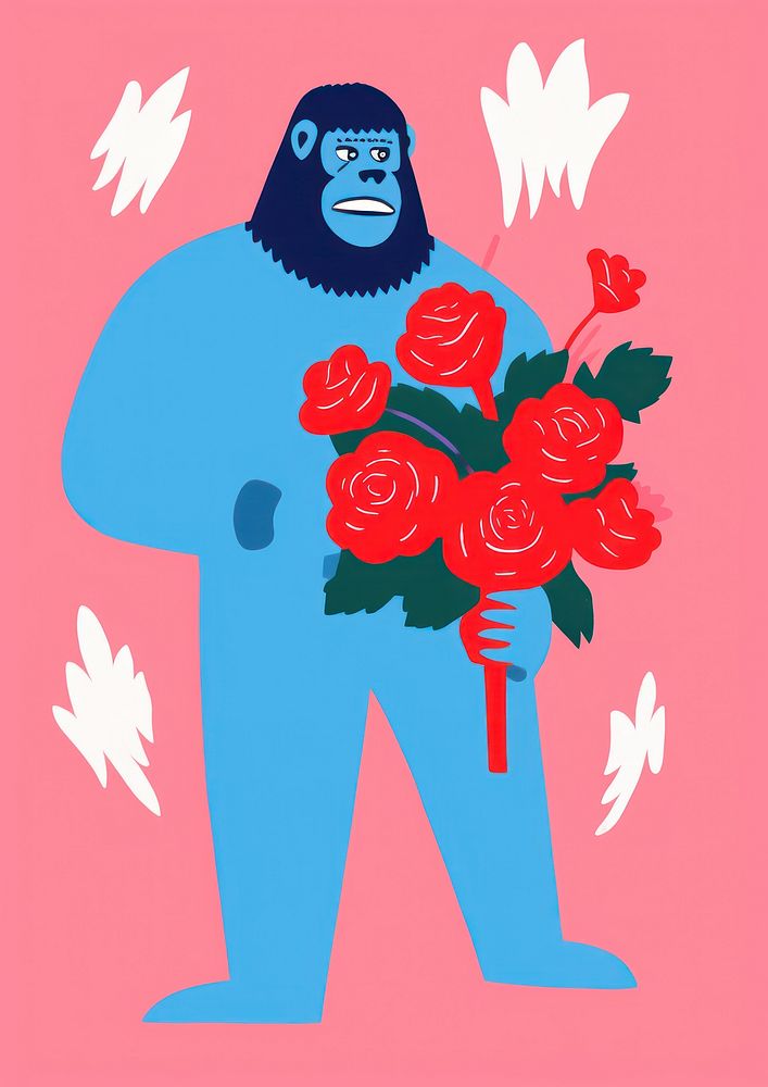 A Gorilla holds a large bouquet of roses art flower nature.