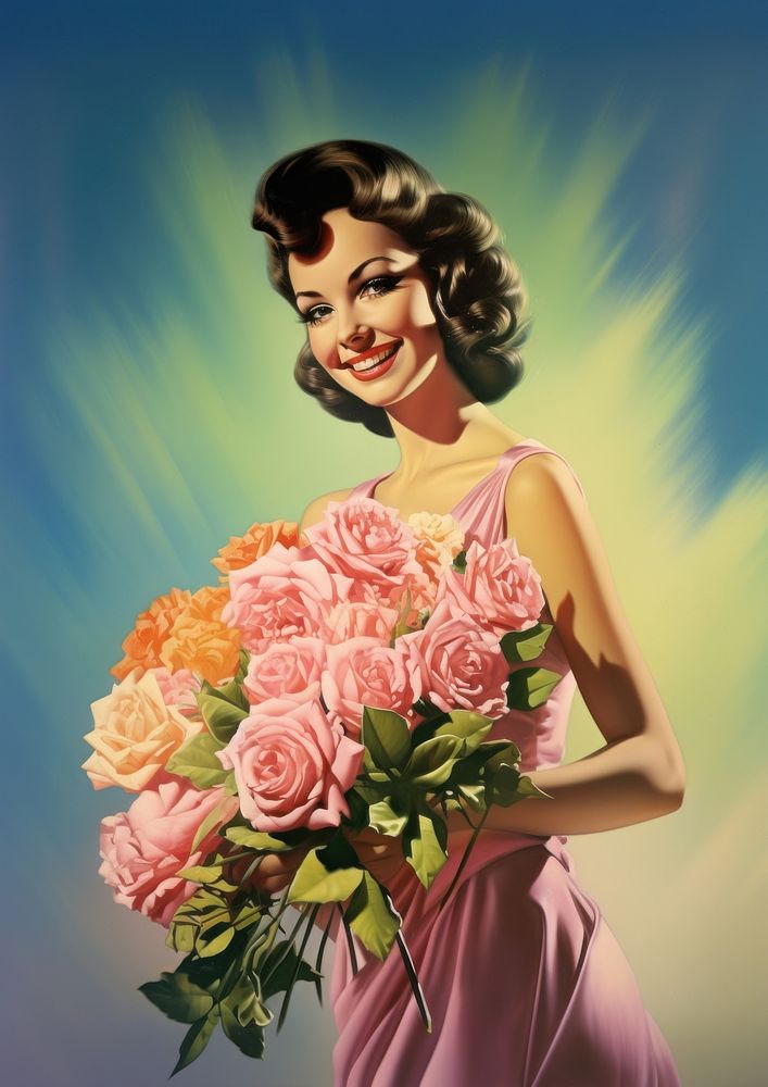 A model woman standing holding a bouquet of roses art painting flower.