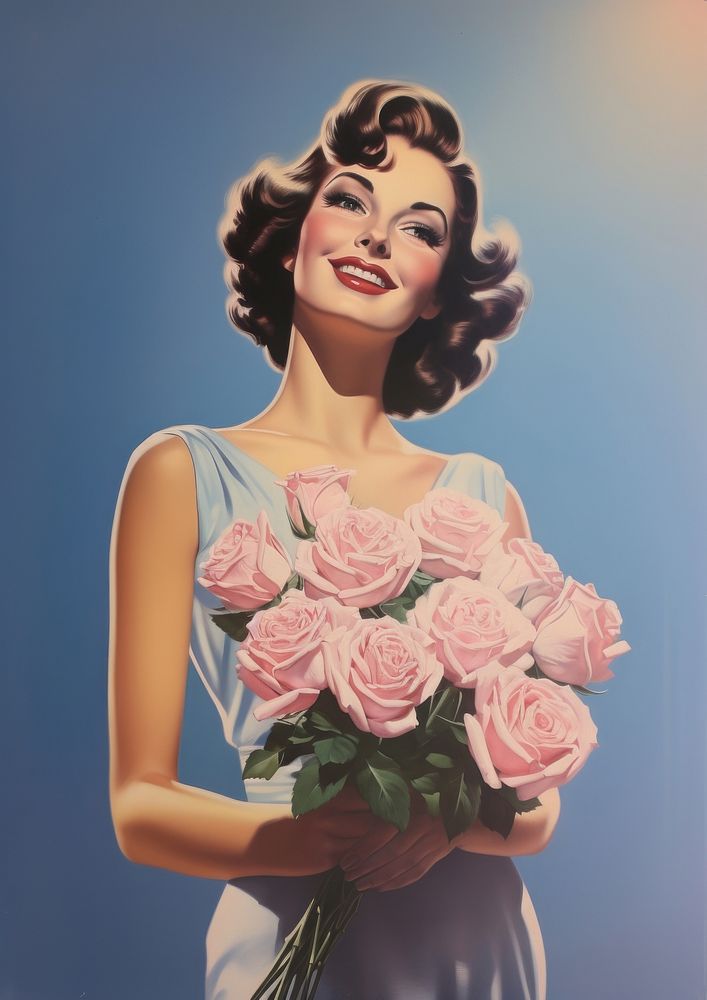 A model woman standing holding a bouquet of roses art portrait flower.
