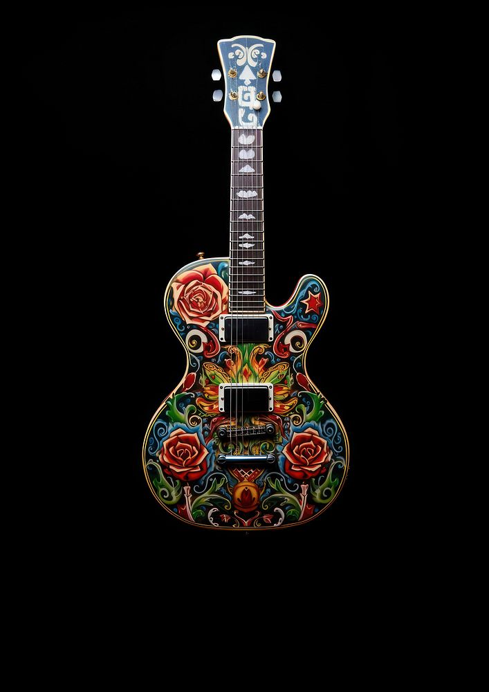 A guitar adorned with Mexican Day of the Dead patterns performance decoration creativity.