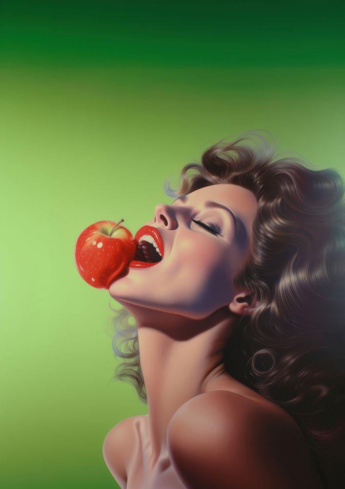 A woman biting into an apple adult food red.