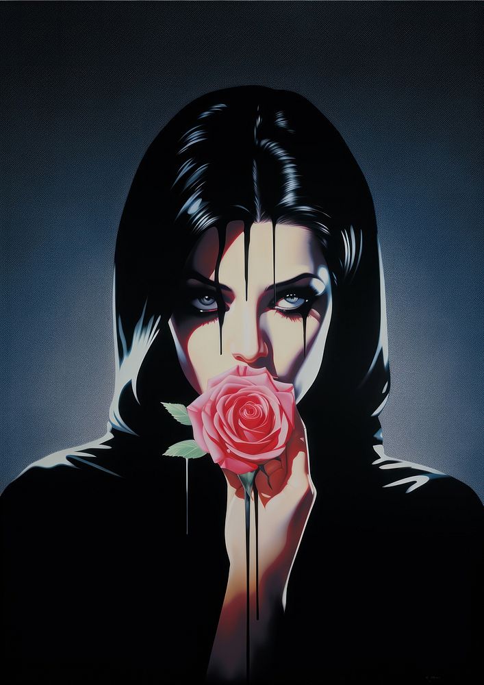 A woman crying while holding a black rose bouquet portrait drawing flower.