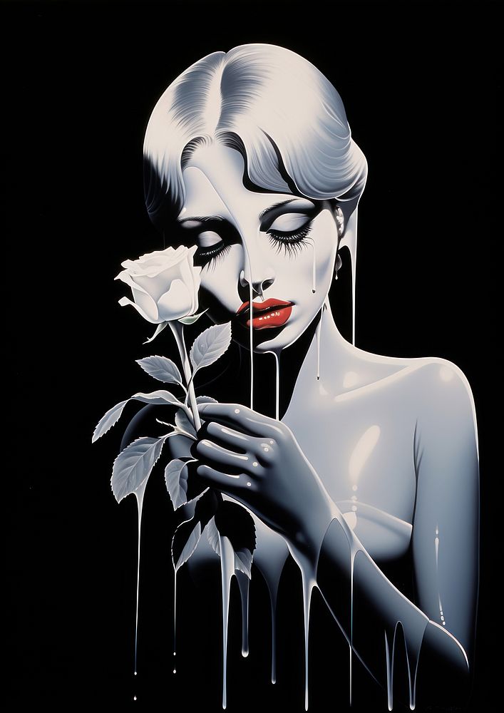 A woman crying while holding a black rose bouquet drawing art portrait.
