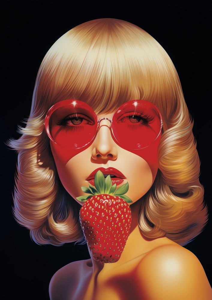 A woman holding a strawberry and covering her eye portrait glasses adult.