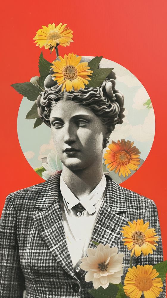 Business women with statue head sunflower portrait painting.