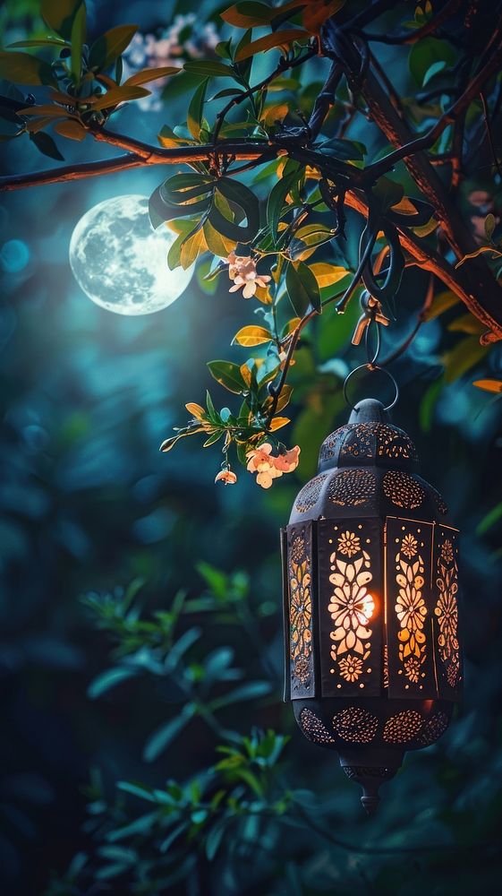 Hanging Glowing Ramadan celebration lantern lighting nature night.