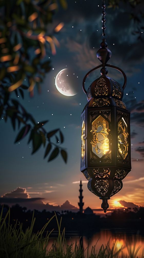 Hanging Glowing Ramadan celebration lantern lighting nature night.