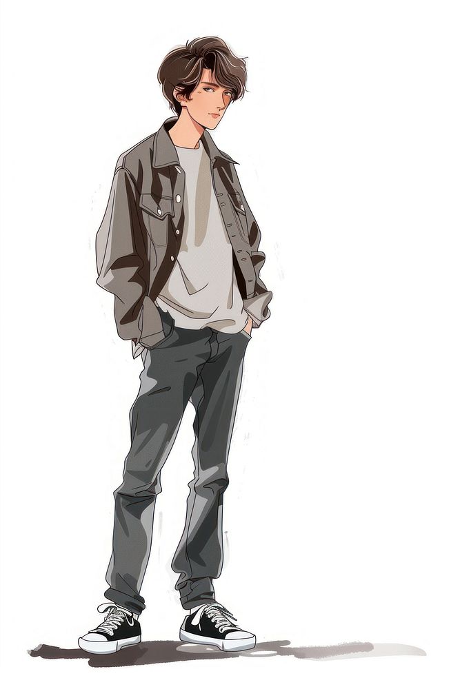 Man fashion model in the style of frayed chalk doodle footwear standing jacket.